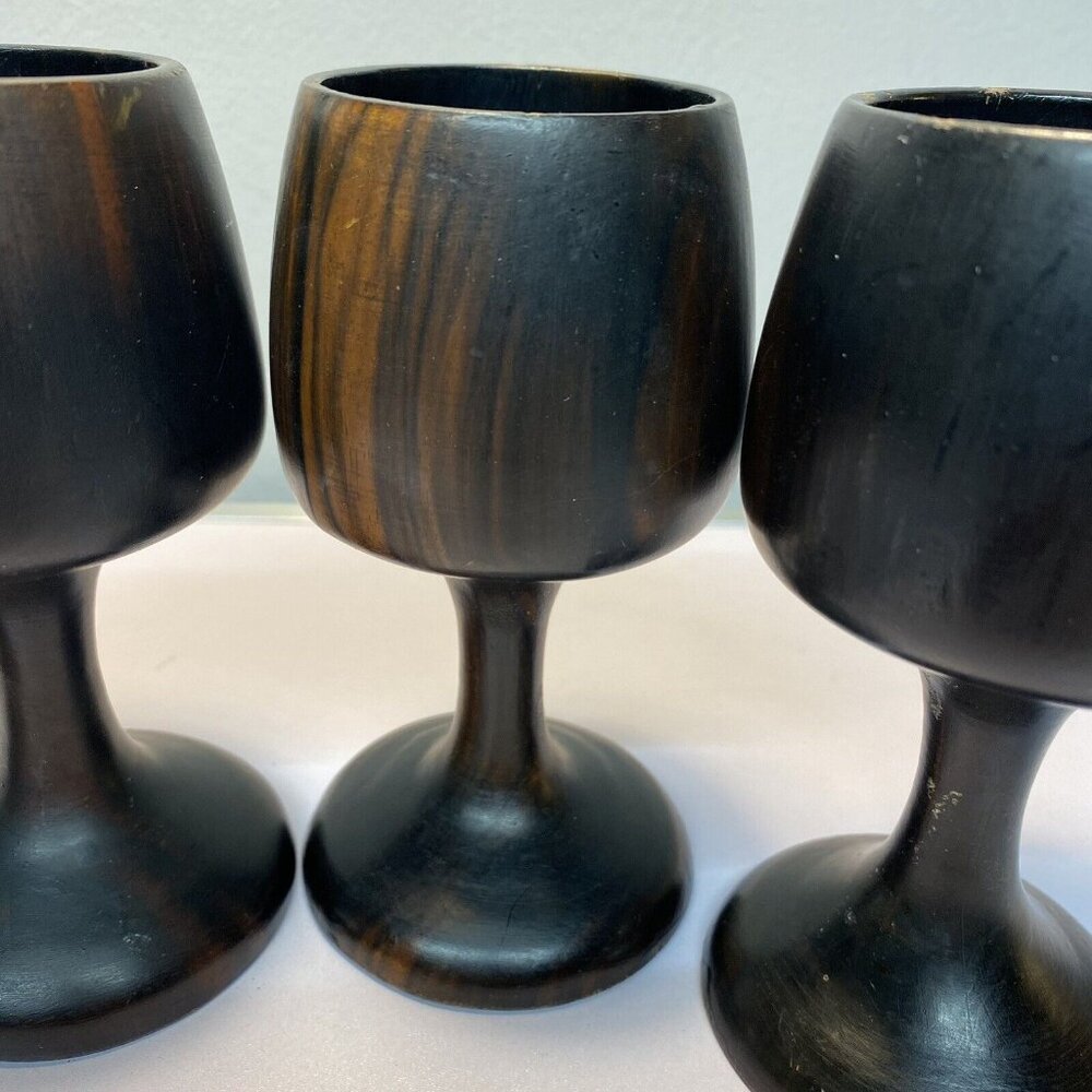 Vintage Set of 4 Dark Wooden Stemmed Wine Goblets Hand turned Mid-Century Modern - Picture 7 of 16
